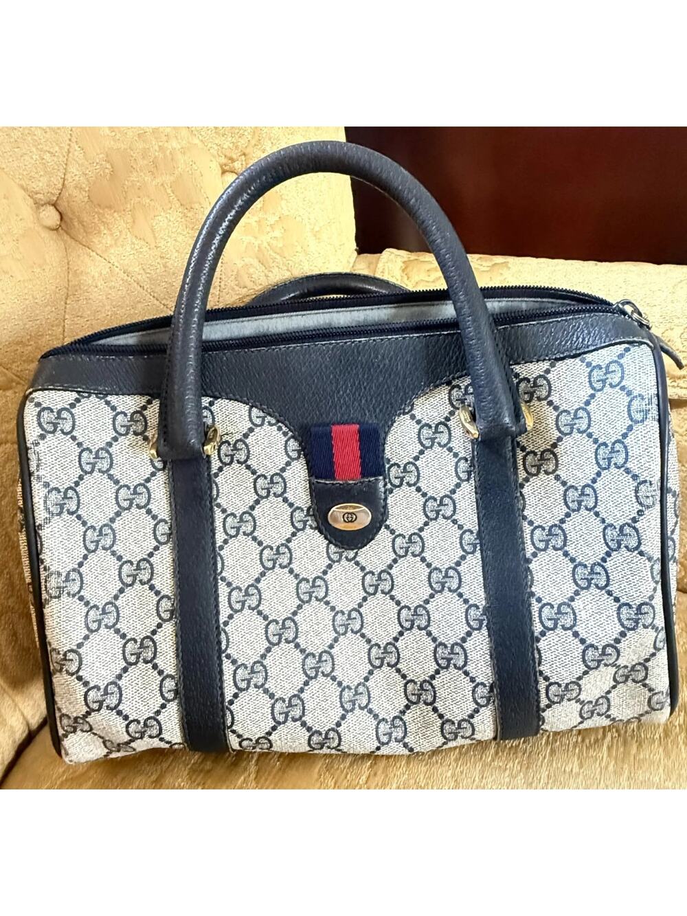 Authentic Vtg Gucci Accessory Collection Navy GG Boston Speedy Bag w/ Web Card
